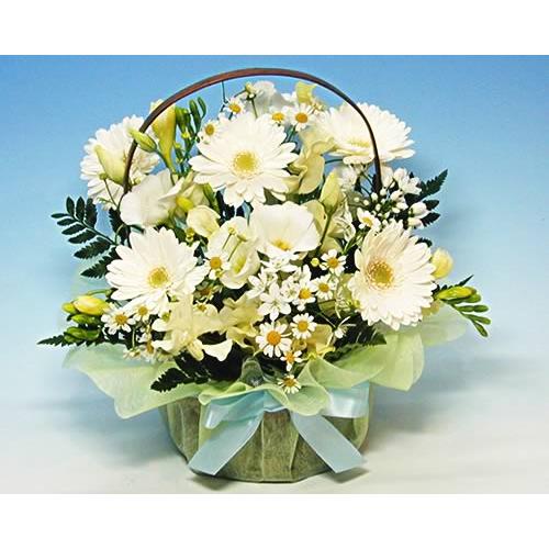 お供え 花 お彼岸 初彼岸 アレンジメント 白いガーベラのアレンジ 花かご お悔やみ 喪中 喪中見舞...