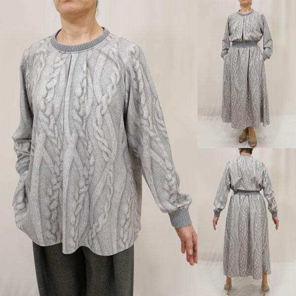 秋冬SALE【シー＋/梅春物/K19504/50%OFF】ポリケーブルニットプリントタック丸首＋衿ぐ...