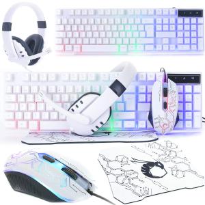 ゲーミングキーボードとマウスとゲーム用ヘッドセット＆マウスパッド 有線 LED RGB バックライトセット PC ゲーマーユーザー用 - 4 in 1 ホワイトエディション Hの商品画像