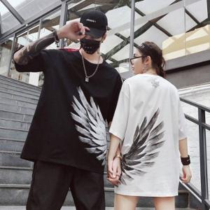 ペアルック カップル ペアTシャツ ペア カップル 半袖Ｔシャツ 羽根柄 大きいサイズ 男女兼用 ユニセックス 黒 白 S-3XL 215603