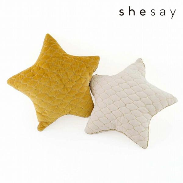 クッション ベルベットコットンのクッション スター  アイボリー マスタード 星型 ダイカット デコ...