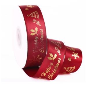 クリスマス リボンテープ 幅2.5cm 長22.5m ゴールデン プリント花柄 いい光沢感 ラッピング材 クリスマス 手作りリボン ハンドメイド 手芸