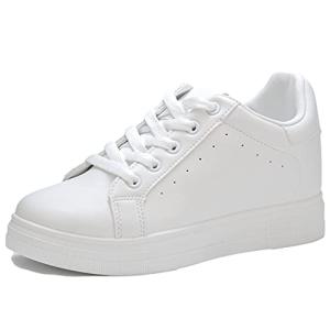 レディース 厚底 ローカット スニーカー 白 レースアップ インヒール ライン 入り (オールホワイト, mea