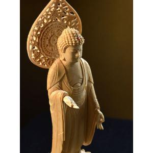 仏像 御本尊 白木蓮方大佛座 立弥陀 3.5号 下台付 阿弥陀如来像