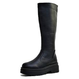 ロングブーツ プレーン レディース ジッパー プラットフォーム 厚底 フラット 脚長 軽量 メンズライク 黒 歩きやすい 3e