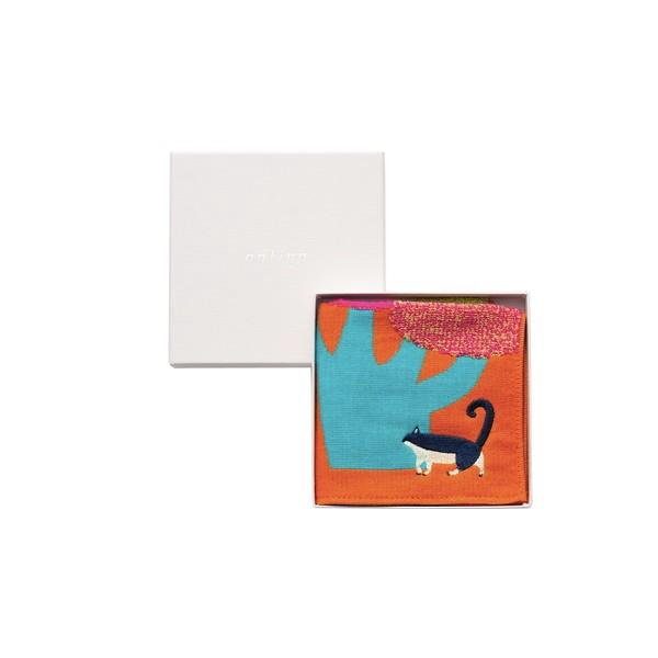 MiW / ガーゼパイルハンカチ　ネコ／オレンジ ハンカチクロス ＢＯＸ入