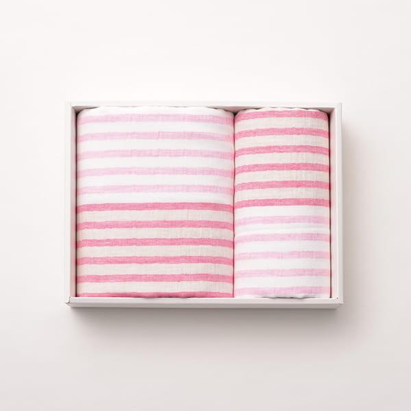 5trees / リネンボーダータオルセット(バス・フェイス) ピンク
