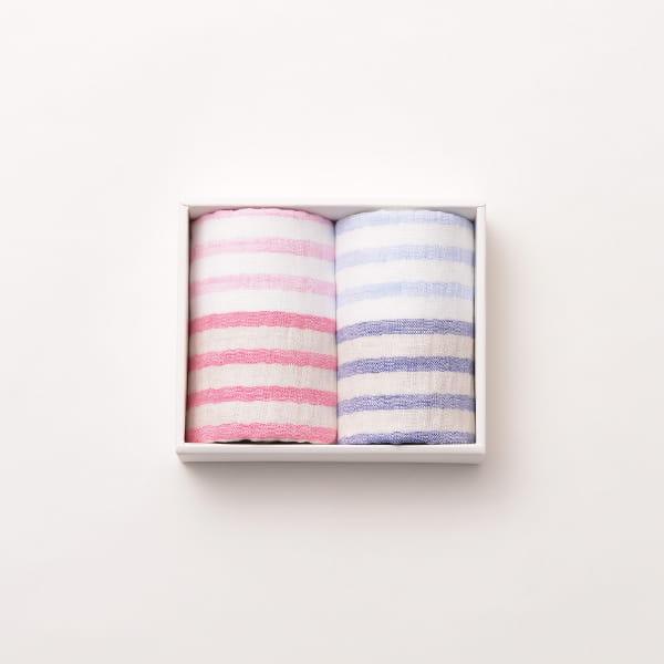 5trees / リネンボーダー ウォッシュタオルセット(ピンク・ネイビー)