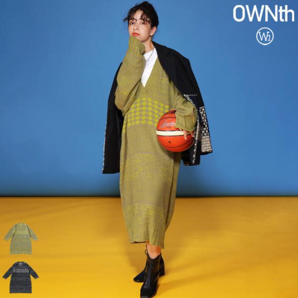 選べる福袋★最大半額!!2日20時〜11日10時 千鳥格子 切替 ニットワンピ レディース Vネック...