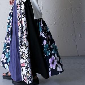 スカート ボトムス ロングスカート レディース 花柄切り替えリブロングスカート・再販。メール便不可
