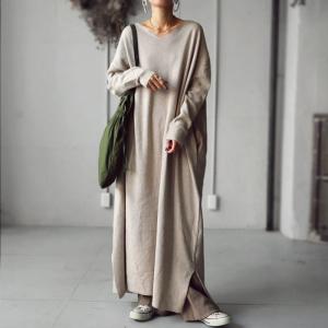 ワンピース ニット 綿 綿100％ 長袖 Ｖネックミラノリブワンピ