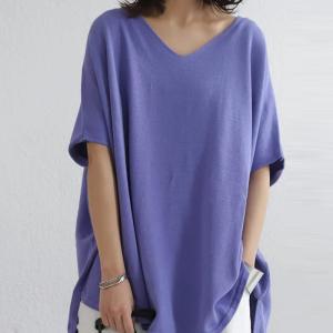 トップス 半袖 五分袖 綿ニット ニット 綿 綿100％ Vネックドルマン綿ニット・再販。不可