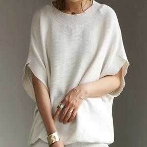 トップス レディース 半袖 ニット 綿 ドルマン ワイド