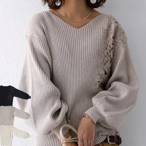 ニット レディースレース トップス 長袖 セーター リブ