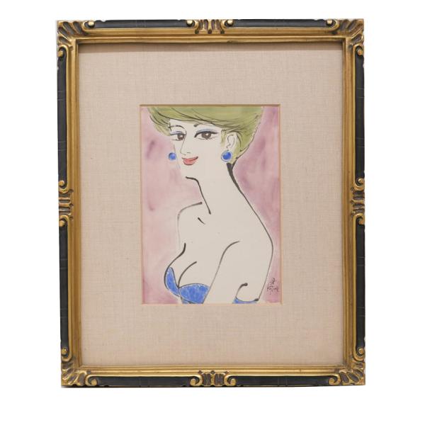 小島功　イヤリング　肉筆　水彩画 額装  P-197