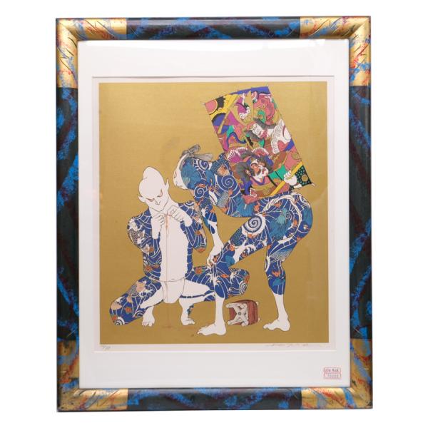 武田秀雄 　「賀正 凧揚げ（源平）」リトグラフ 肉筆サイン 限定75部 26／75　リトグラフ 額装...