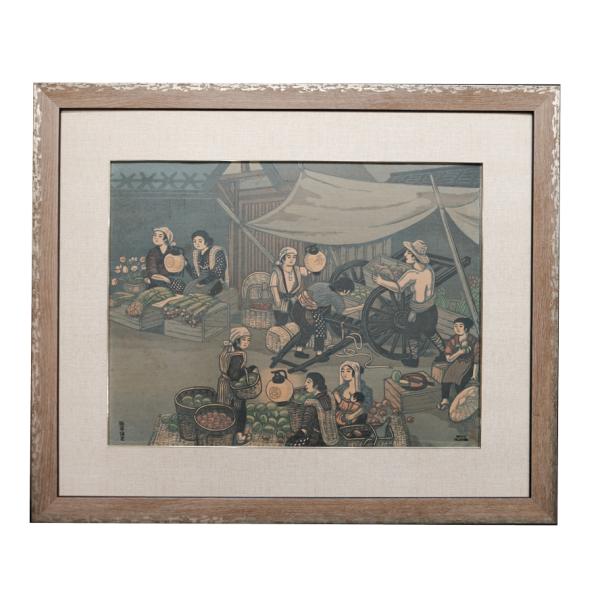 勝平得之 創作木版画　 昭和9年作　「草市」　秋田風俗 木版画　 P-205