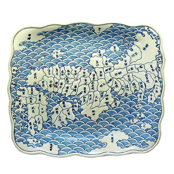 古伊万里　染付地図大皿　天保年製　箱付　