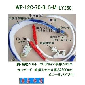 WP-12C-70-BL5-M-LY250 柱上安全帯　胴ベルト45×1200mm　補助ベルト75×750mm ランヤード直径12mm　長さ2500mm 総重量1720g　 藤井電工　ツヨロン｜anyoujiya-1