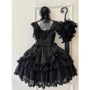 ゴスロリ ロリータ ドレス ジャンパースカート キャミソール ワンピース 膝丈 ショート丈 黒 白 ロリータ服 茶話会 お姫様 ドレス レース フリル ボリューム js