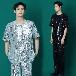 メンズ スパンコール 舞台演出服 キラキラ スパンコールTシャツ スパンコールパンツ 男性 ジャズ ヒップホップ バー カラオケ 歌手 ステージ衣装 jazz hiphop 演｜青川ストア