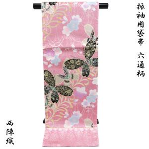 袋帯 -42- 西陣織 織華佐竹 ふくれ織り 六通柄 絹混 黒金地 辻が花文様