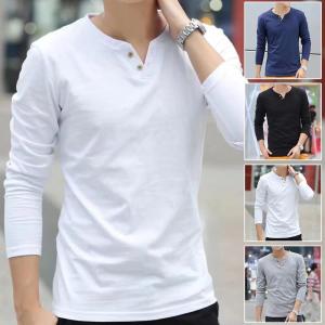 Tシャツ メンズ 長袖 ヘンリーネック メンズ カットソー 無地 薄手 カジュアル 着心地 コットン ボタン襟 部屋着 男性 大きいサイズ 格好いい
