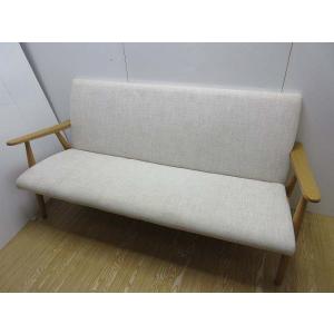 【中古】 北欧風 3人掛け ソファー 脚付き ナチュラル×アイボリー 木製 布張り 木枠 3P 3シ...