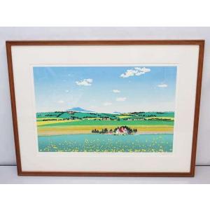 【中古】額装 佐藤芳彰 花咲く田園 シルクスクリーン エディションナンバー 70/100 自筆サイン...