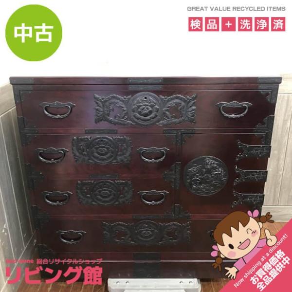 【中古】民芸調タンス 4段 鍵付き 隠し箱付き 幅90cm 引出7杯 アンティーク 和箪笥 施錠可 ...