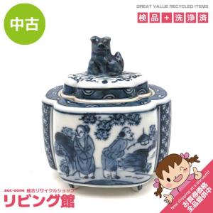 【中古】 九谷焼 香炉 角福 獅子蓋 陶器製 染付 藍染 足付き 蓋付 香道具 焼き物 伝統工芸 和小物 香炉 中古｜aone