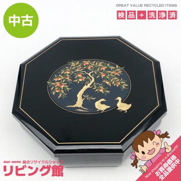 【中古】 漆器 アクセサリーボックス 八角形 黒 鏡付き オルゴール付き ジュエリーボックス ブラッ...