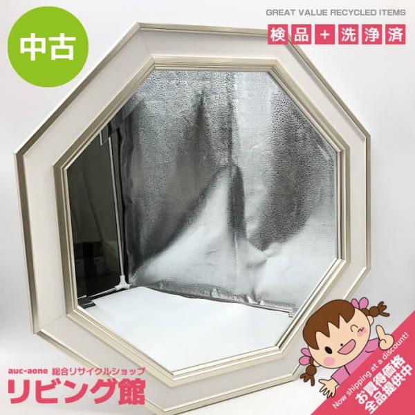 【中古】 ウォールミラー 八角形 ホワイト×シルバー 壁掛け 木製 木枠 鏡 白 かがみ 一面鏡 姿...