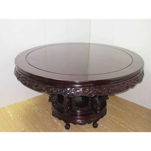 【中古】 中華風丸型テーブル 154×80cm 猫脚 円卓 彫刻 透かし彫り 龍 重厚感 華やか ヴ...