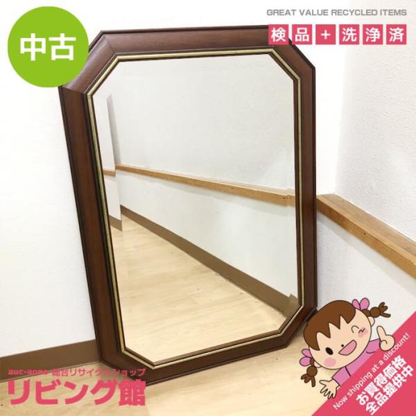 【中古】 ウォールミラー 木製 八角形 ブラウン イタリア製 50×70cm 一面鏡 壁掛け鏡 姿見...