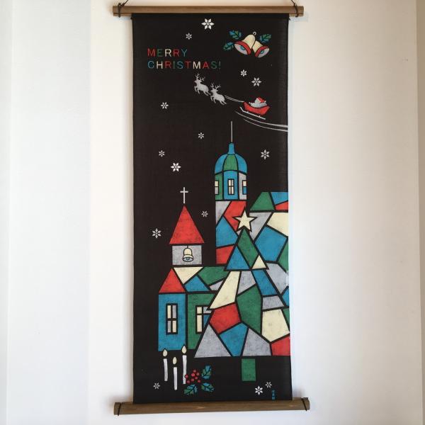 絵手ぬぐい「聖夜の灯り/濱文様」（冬・季節・クリスマス・サンタクロース・クリスマスツリー）