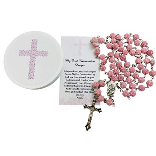 Westmon Works 初聖体拝領ロザリオセット 女の子用 ピンクのバラの形のビーズケースと聖な...