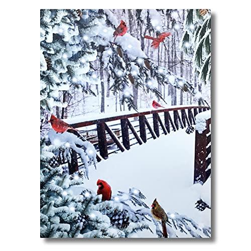 BANBERRY DESIGNS カーディナル 雪の橋 キャンバス ウォールアート - ライト付きプ...