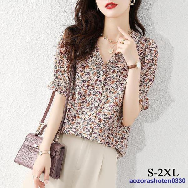 ブラウス レディース 夏 シフォン 総柄 vネック シャツ ブラウス 半袖 トップス 韓国風 大人 ...