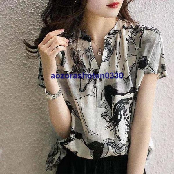 ブラウス レディース 夏 シフォンシャツブラウス 半袖 Vネック オフィス シャツブラウス シフォン...