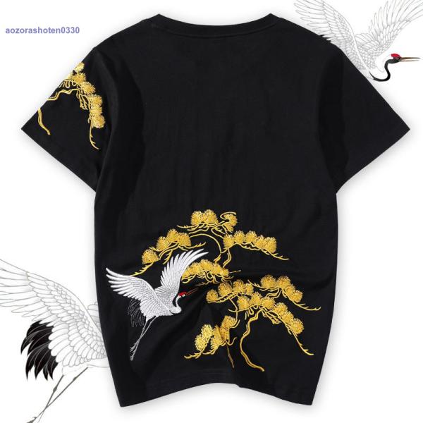 和柄tシャツ メンズ 和柄刺繍 鶴 華鳥風月メンズ特攻服 和柄tシャツ メンズ 和柄刺繍半袖Tシャツ...