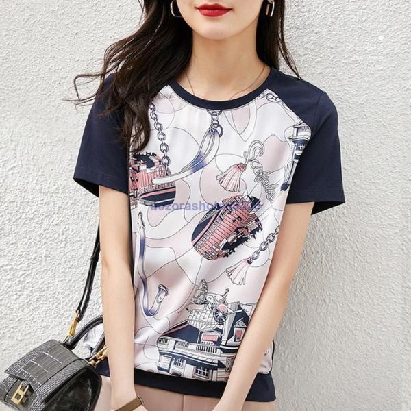 Tシャツ レディース 40代 春夏新作 上品Tシャツ シフォンブラウス おしゃれ プリント 半袖トッ...
