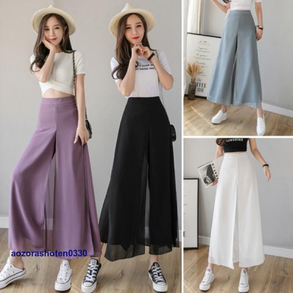ガウチョパンツ パンツ シフォン レディース ズボン ハイウェスト マキシ丈 フェイクレイヤード フ...