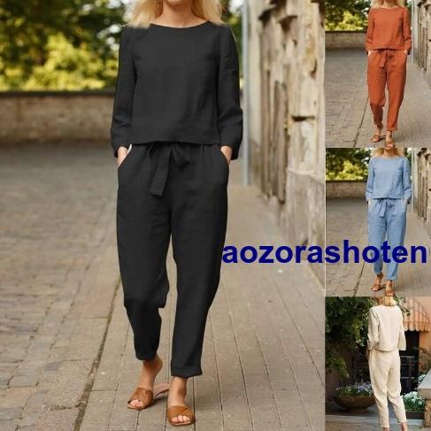 リネン セットアップ ワイドパンツ 春 夏 レディース 長袖トップス+ロングパンツ ルームウェア 着...