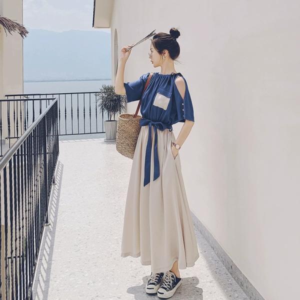 ワンピース レディース 40代 きれいめ 夏 マキシワンピース 半袖 ワンピース リボン 配色 ロン...