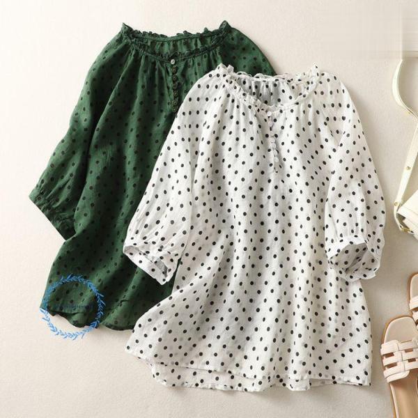 シャツブラウス レディース リネンブラウス 夏 トップス 5分袖 ドット柄ブラウス カジュアル ナチ...