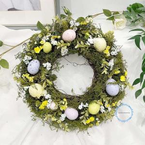 人工花フラワーリース 14インチ 北欧風 イースターエッグ ドアリース 装飾品 イースター 復活祭 イースター卵 春のオーナメント 大きな花輪 花輪 緑の葉 屋外