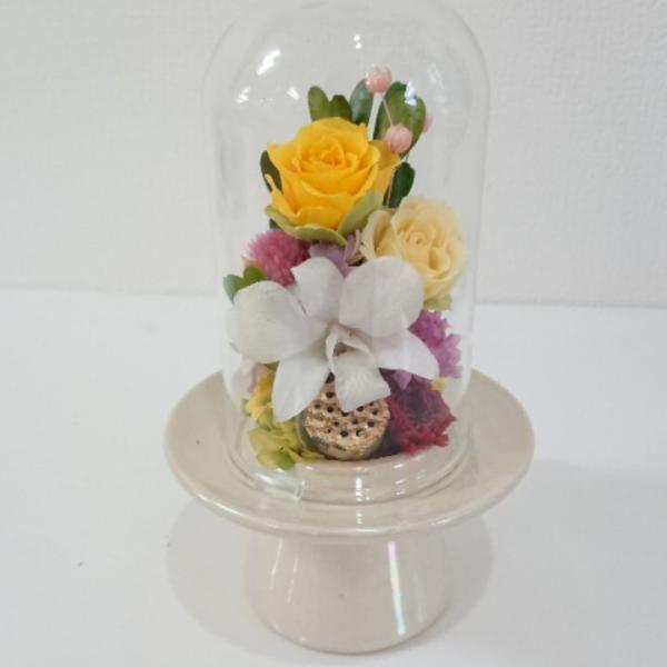 プリザーブドフラワー仏花ミニドームイエロー★花 贈り物 供物 お供え お供え花 お悔やみ 花 法事 ...