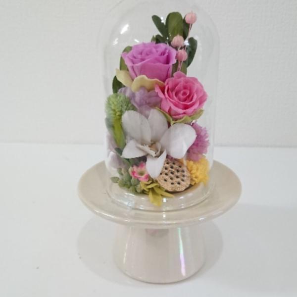プリザーブドフラワー仏花ミニドームピンク★花 贈り物 供物 お供え お供え花 お悔やみ 花 法事 四...