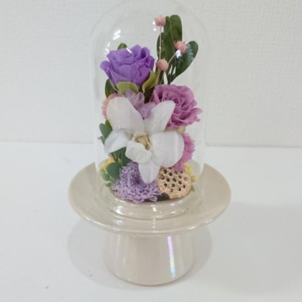 プリザーブドフラワー仏花ミニドームパープル★花 贈り物 供物 お供え お供え花 お悔やみ 花 法事 ...